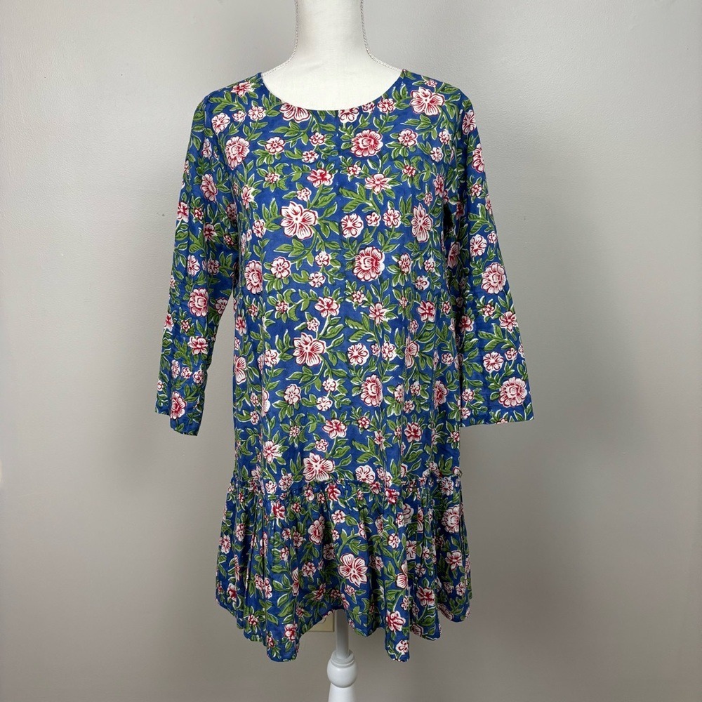 Twirl Dress Womens Medium Green Blue Floral Knee Length Ruffle‎ Button Back